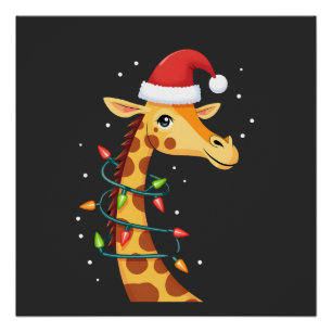 Poster Girafe de Noël Chapeau de Père Noël Lumières Giraf