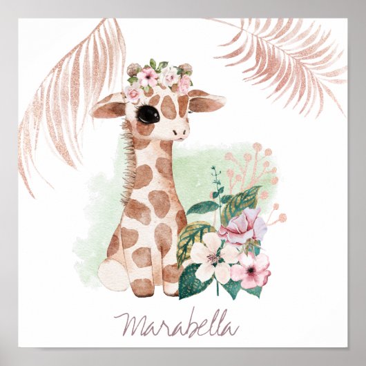 Poster *~* Girafe de nom de bébé Rose Gold Fille Jungle D (Devant)