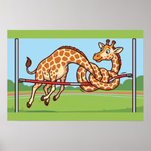 Poster Girafe Drôle de Saut en Hauteur Dessin Animé