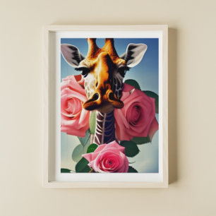 Poster Girafe drôle et art numérique de roses