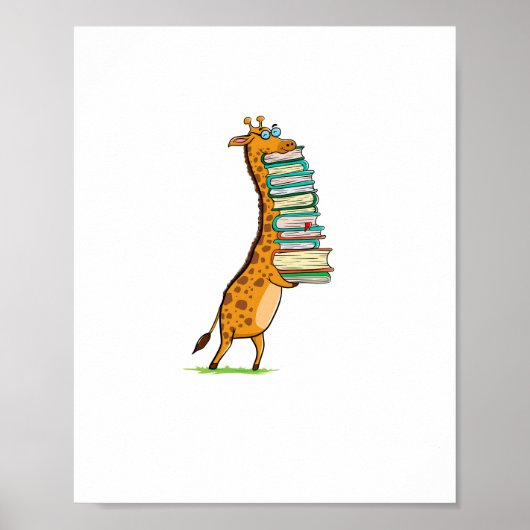 Poster Girafe drôle lisant des livres J'aime ma bibliothè (Devant)
