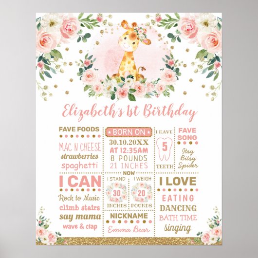 Poster Girafe Fleur Or Rose Milestone 1er Anniversaire (Devant)