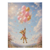 Poster Girafe fleurs roses ballons flottants (Devant)