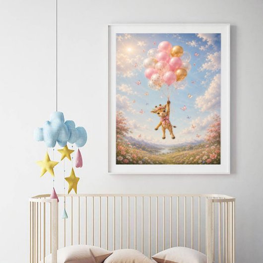 Poster Girafe fleurs roses ballons flottants