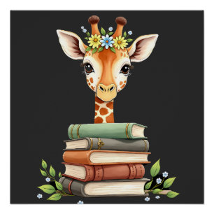 Poster Girafe Mignonne Avec Livre Floral Bibliophile Bibl