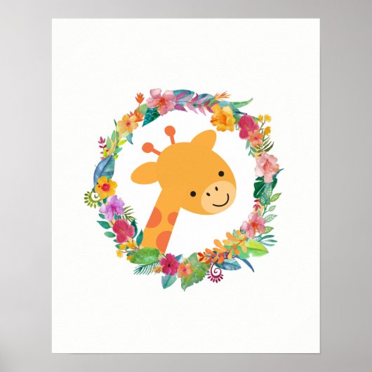 Poster Girafe mignonne avec une couronne florale à l'aqua (Devant)