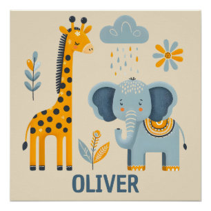Poster Girafe mignonne et éléphant, amis de safari