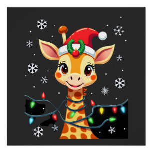 Poster Girafe Mignonne Lumières de Noël Chapeau de Père N
