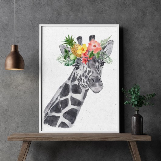 Poster Girafe noir et blanc à couronne de fleurs Animal