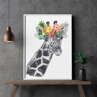 Poster Girafe noir et blanc en couronne de fleurs Animal