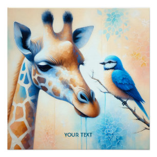Poster Girafe Oiseau Bleu Fantastique Mignon
