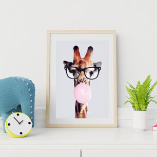 Poster Girafe portant des lunettes soufflant un bubble gu