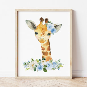 Poster Girafe, Safari, Jungle, Fleurs Bleues, Chambre de 