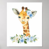 Poster Girafe, Safari, Jungle, Fleurs Bleues, Nursery Gar (Devant)