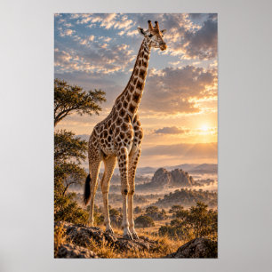 Poster Girafe sur toile de fond de savane au coucher de s