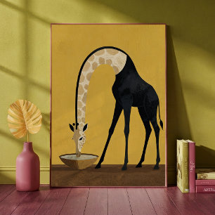 Poster Girafe surréaliste buvant dans un bol Art minimali