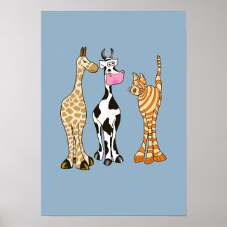 Poster Girafe vache et chat, animaux comiques.