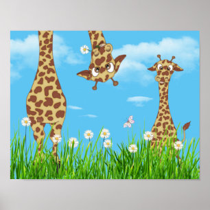 Poster Girafes dans l'herbe avec des nuages