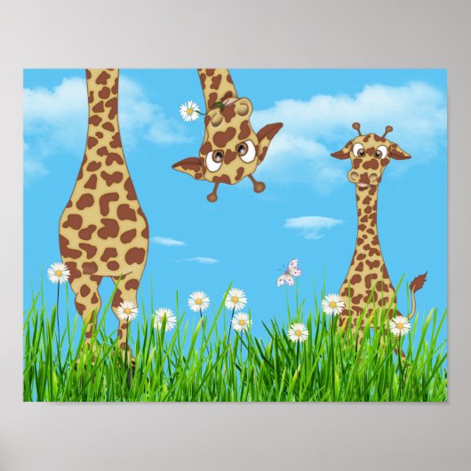 Poster Girafes dans l'herbe avec des nuages (Devant)
