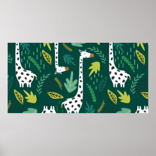 Poster Girafes, feuilles, fond dessiné à la main. Coul