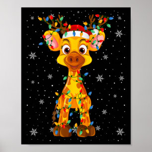 Poster Giraffe Animal Santa Chapeau Vilain Arbre de Noël