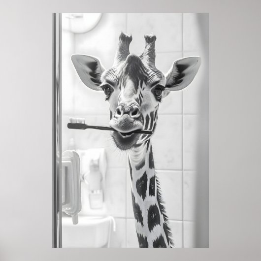 Poster Giraffe Brushing Teeth Print, Funny Bathroom (Devant)