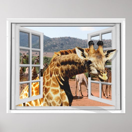 Poster Giraffe dans Fake Window View Trompe l'oeil Effet (Devant)