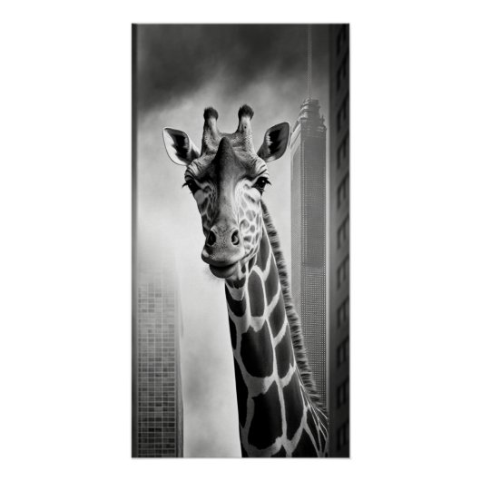 Poster Giraffe dans une cityscape (Devant)
