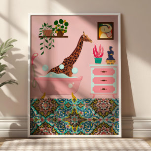 Poster Giraffe de bain rose art mur Imprimer