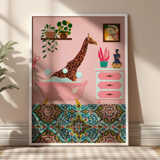 Poster Giraffe de bain rose art mur Imprimer