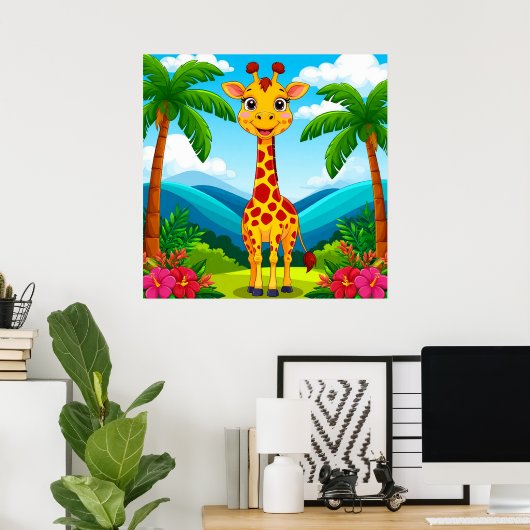 Poster Giraffe de caricatures mignonnes dans un paysage t (Bureau à domicile)