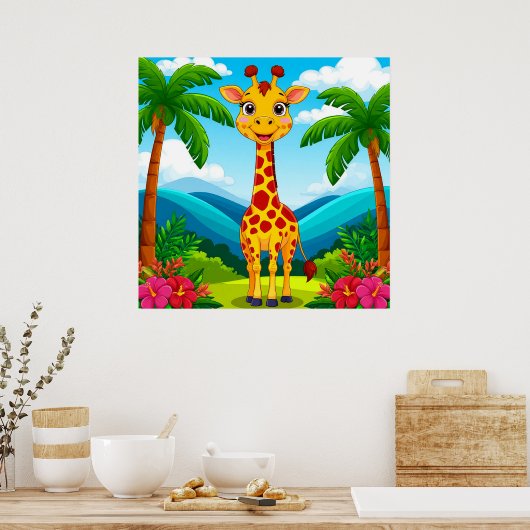 Poster Giraffe de caricatures mignonnes dans un paysage t (Cuisine)