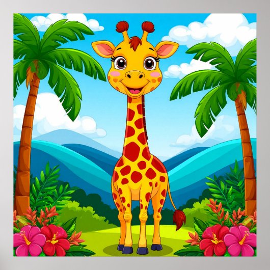 Poster Giraffe de caricatures mignonnes dans un paysage t (Devant)
