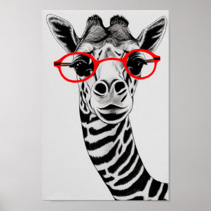 Poster Giraffe Hipster en Lunettes rouges Giraffe Dessin