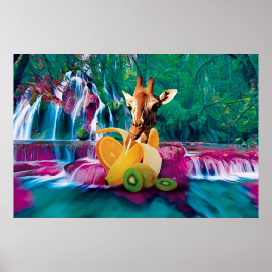 Poster Giraffe in a Banana with orange and Kiwi Fruits (Devant)