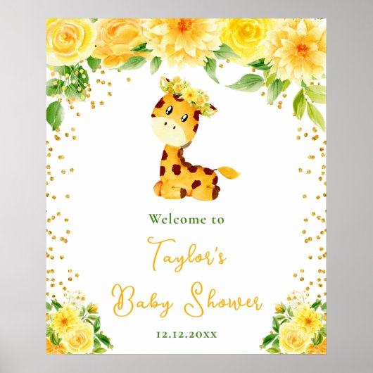 Poster Giraffe Jaune Baby shower Floral Bienvenue (Devant)