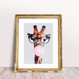 POSTER GIRAFFE PORTANT DES LUNETTES SOUFFLANT UN BUBBLE G