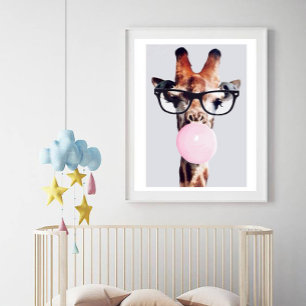 POSTER GIRAFFE PORTANT DES LUNETTES SOUFFLANT UN BUBBLE G