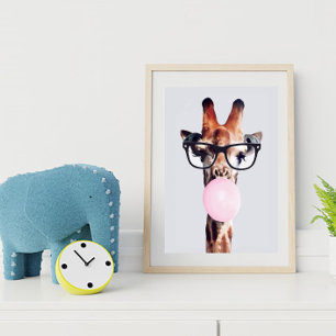 POSTER GIRAFFE PORTANT DES LUNETTES SOUFFLANT UNE BULLE D