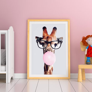 POSTER GIRAFFE PORTANT DES LUNETTES SOUFFLANT UNE BULLE D