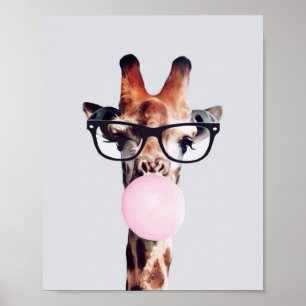 POSTER GIRAFFE PORTANT DES LUNETTES SOUFFLANT UNE BULLE D