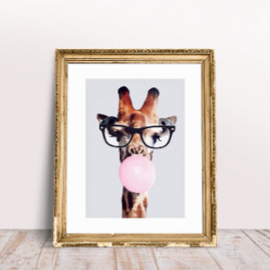 POSTER GIRAFFE PORTANT DES VERRES SOUFFRANT UN BUBBLEGUM 