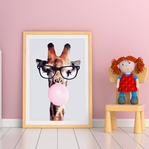 POSTER GIRAFFE PORTANT DES VERRES SOUFFRANT UN BUBBLEGUM