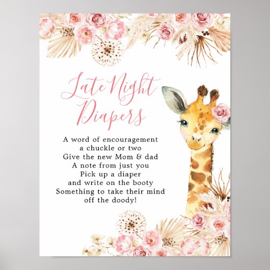 Poster Giraffe rose pâle Baby shower de nuit couche tardi (Devant)