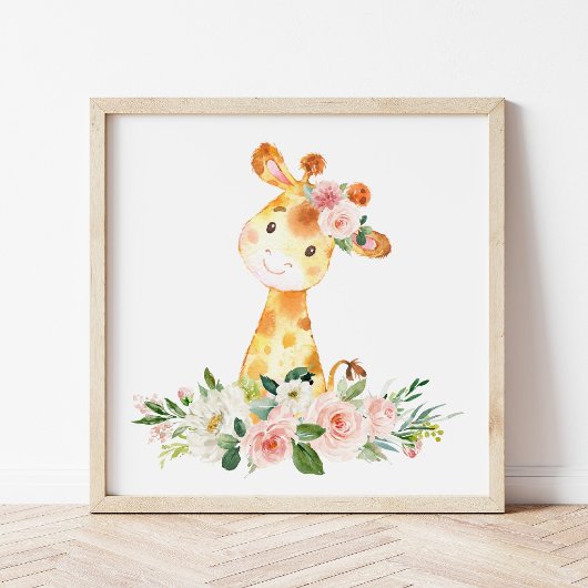 Poster Giraffe, Safari, Fleurs roses, Nourriture pour fil