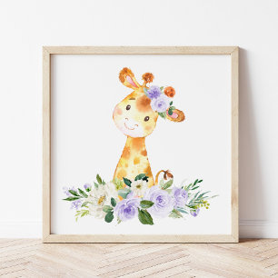 Poster Giraffe, Safari, Fleurs violettes, Neutre Genre