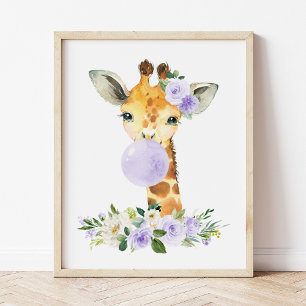 Poster Giraffe, Safari, gomme à bulles violettes, Neutre 