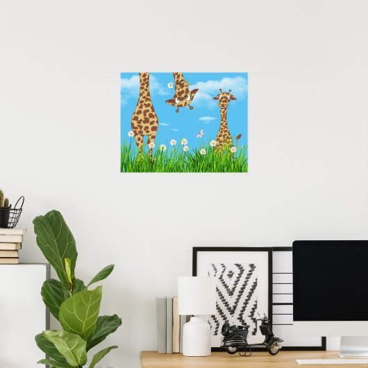 Poster Giraffes en herbe avec nuages (Bureau à domicile)