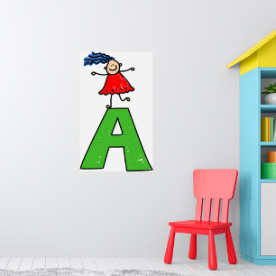 Poster Girl Dancing on Green Letter A Fun Alphabet