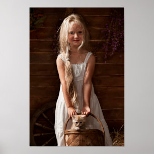 Poster Girl in a Barn with a Kitten in a Basket